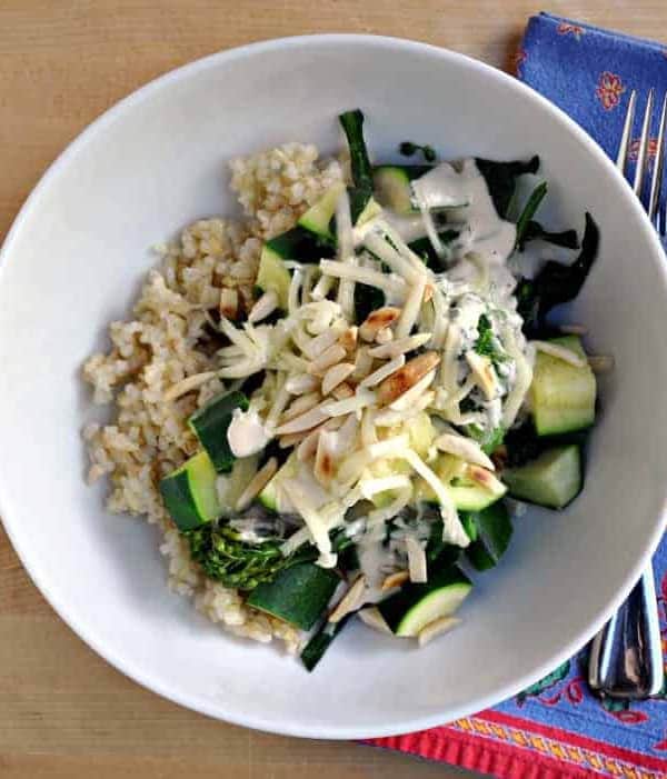 Brown Rice and Vegetables with White Bean Tahini Sauce