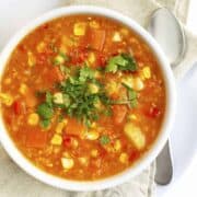 Vegan Corn Chowder served in a white bowl
