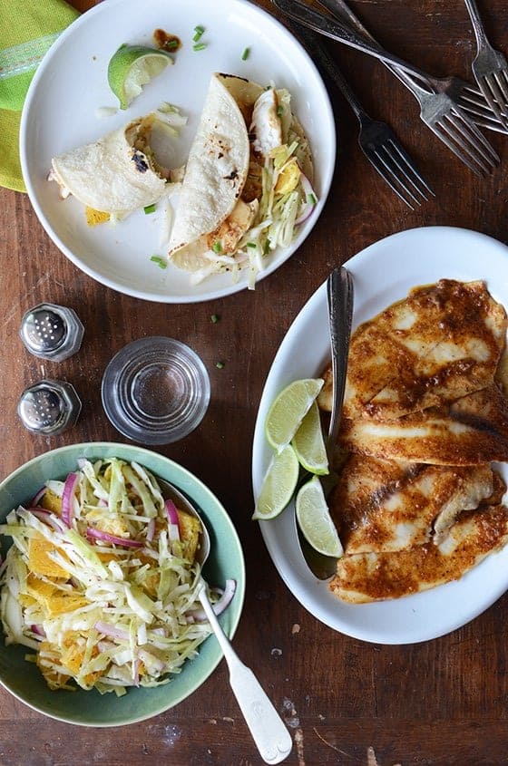 Ancho-Garlic Fish Tacos with Citrus Mint Cabbage Slaw
