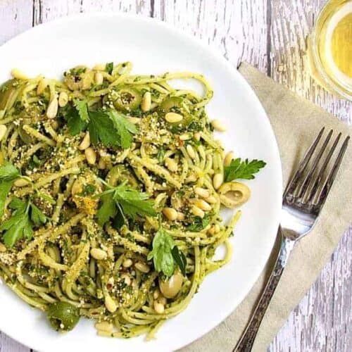 Zesty Spaghetti with Olives and Pine Nut Gremolata Pinch and Swirl