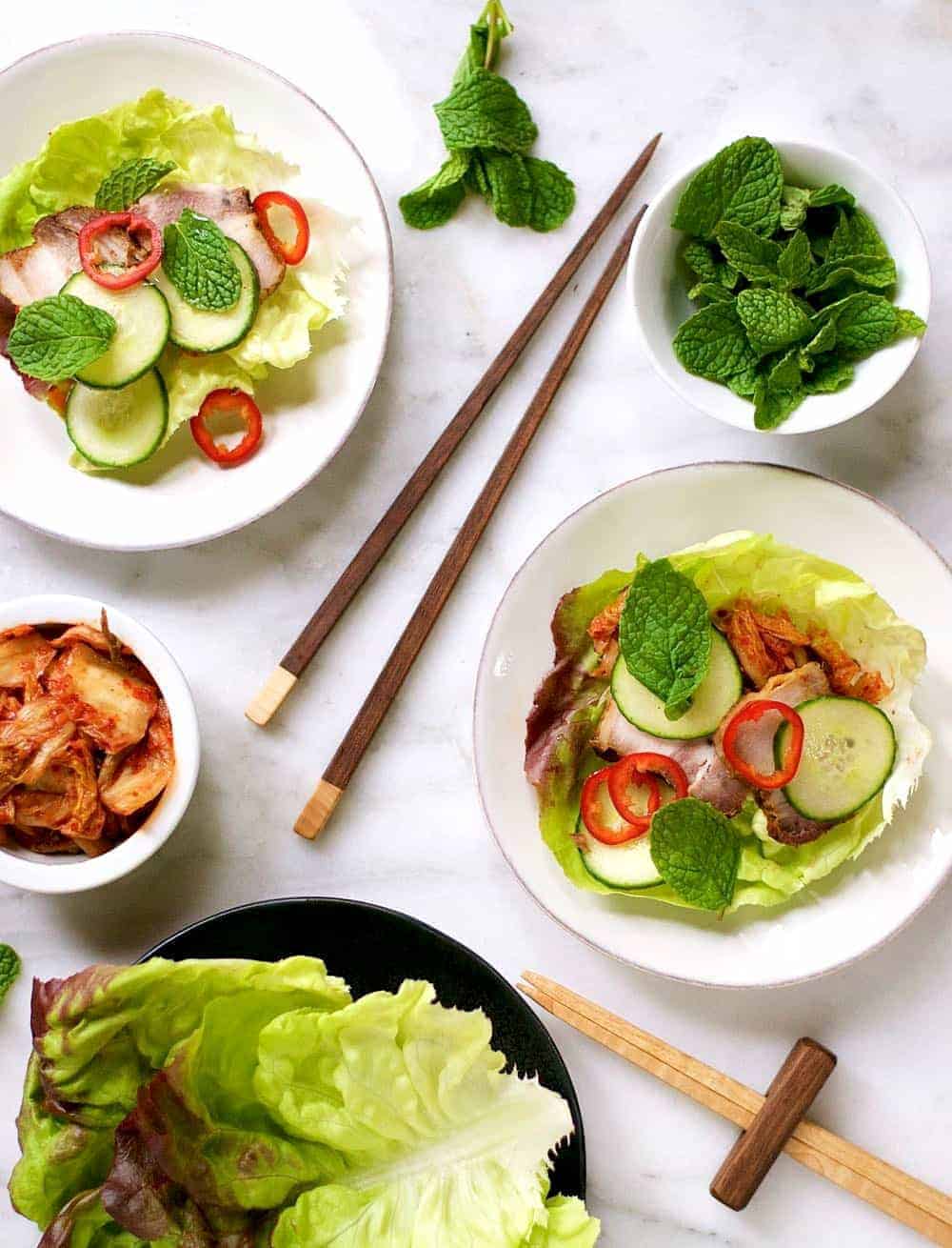 Spicy Pork Belly Cucumber and Kimchi Lettuce Wraps - Pinch ...