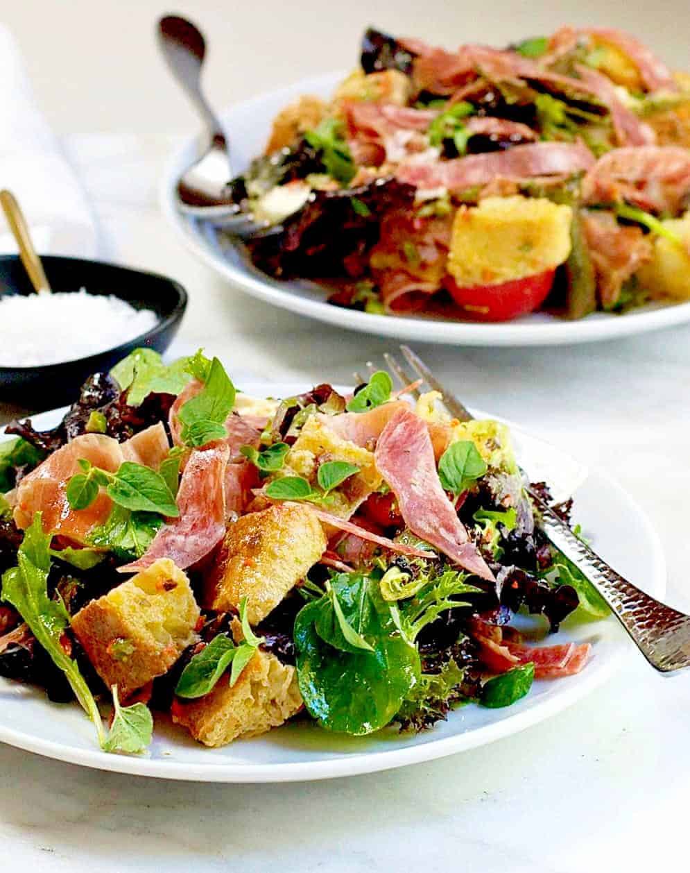 Muffuletta Panzanella (bread salad) - Pinch and Swirl