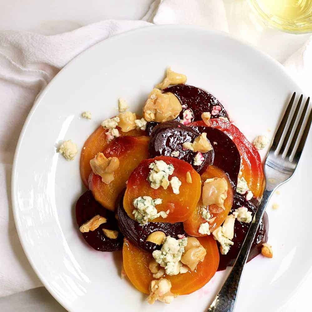 Roasted Beet Salad with Cashew Brittle and Creamy Blue Cheese Pinch
