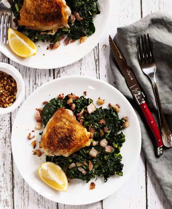 Crispy Chicken Thighs with Garlicky Kale Pinch and Swirl