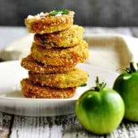 Fried-Green-Tomatoes-Stacked on a white plate