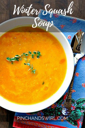 This delicious Winter Squash soup is so satisfying and creamy with gruyere cheese. Use any winter squash you like in this simple and comforting recipe! #squash #vegetarianrecipes #cheesy