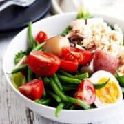 Nicoise Salad served in a white bowl