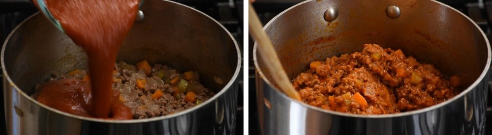 adding tomato sauce to meat and vegetable mixture