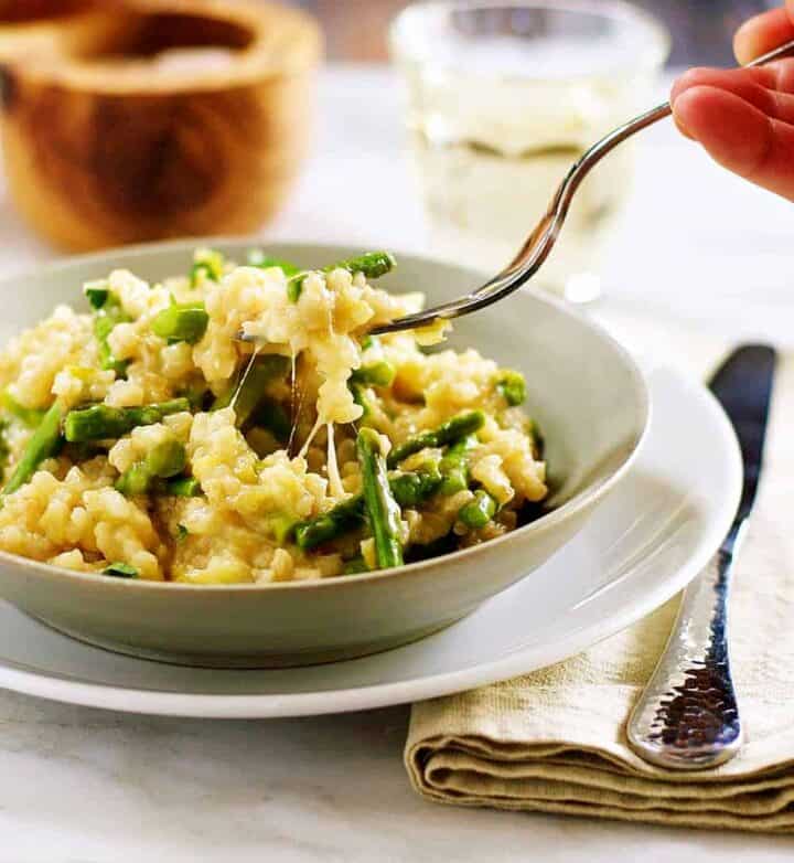 Cheesy Brown Rice Risotto with Leeks and Asparagus Pinch and Swirl