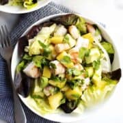 Shrimp and Avocado Salad served in a white bowl