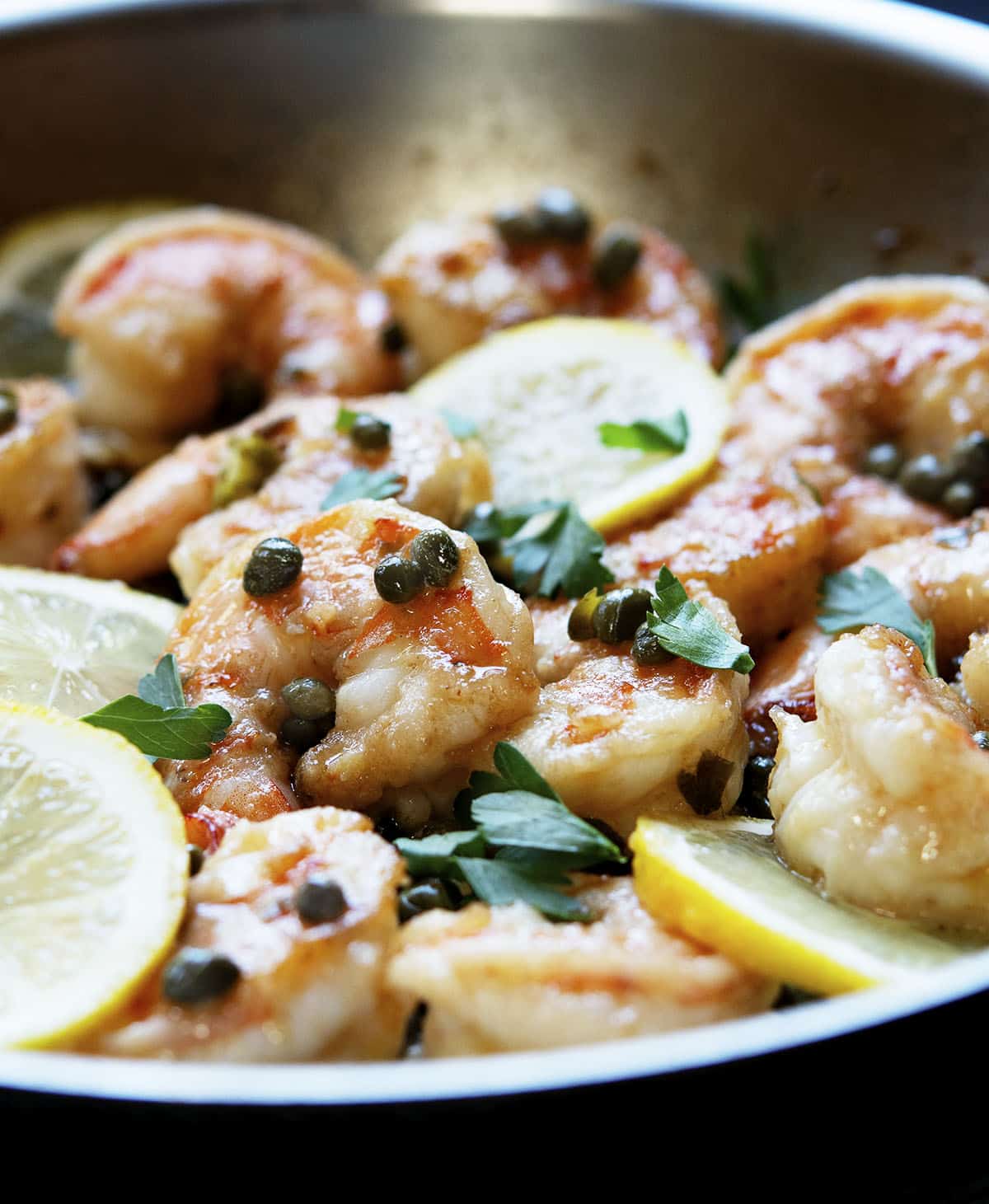 close up of shrimp piccata