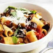 Pasta alla Norma served in a white bowl