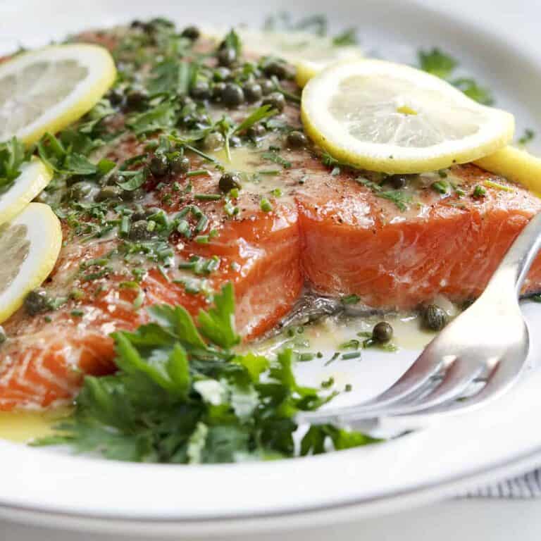 Slow Roasted Salmon with Lemony Butter Caper Sauce - Pinch and Swirl