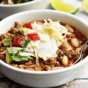 White Bean Turkey Chili served in a white bowl