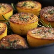 Fondant Potatoes in a cast iron skillet