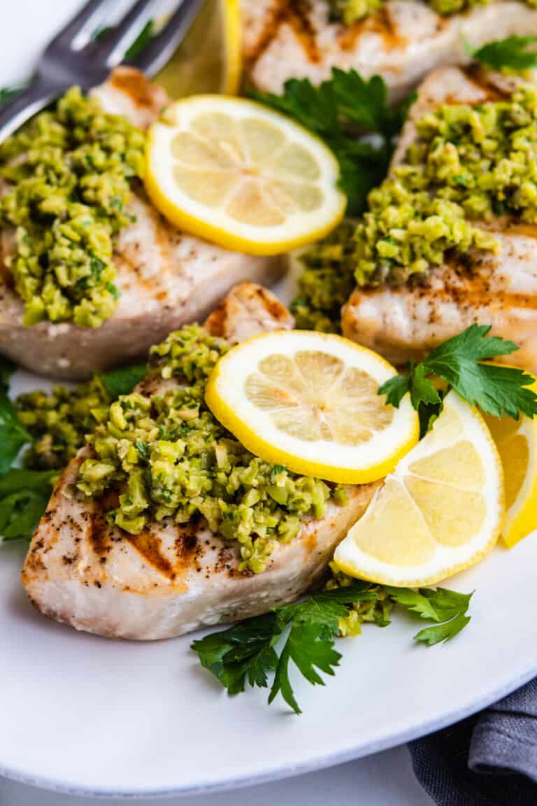 Grilled Swordfish with Green Olive Tapenade Pinch and Swirl