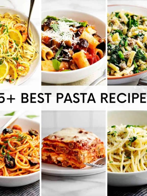 A grid of 6 images of pasta recipes.