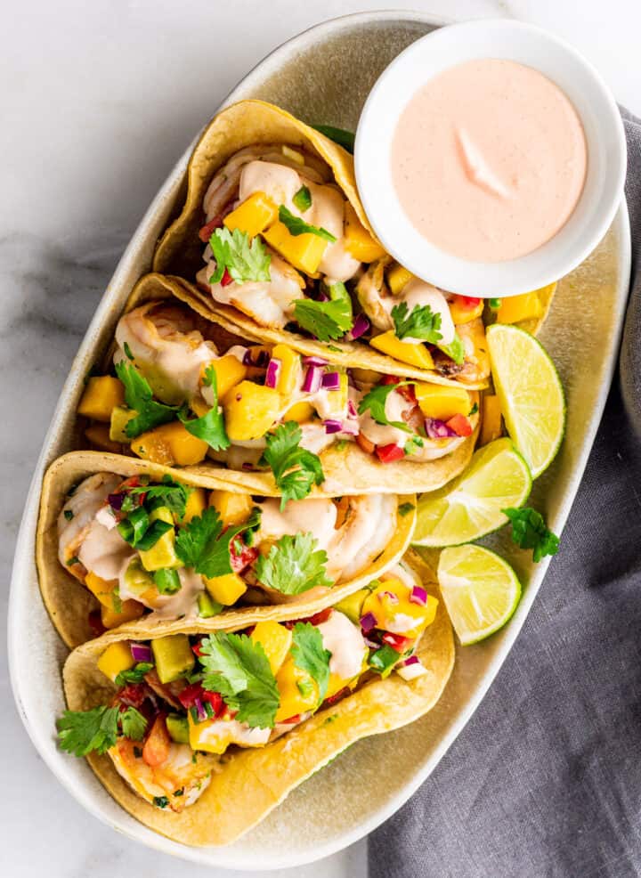 Shrimp Tacos with Mango Salsa Pinch and Swirl