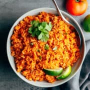 Rice Cooker Mexican Rice served in a gray ceramic bowl and photographed from above.