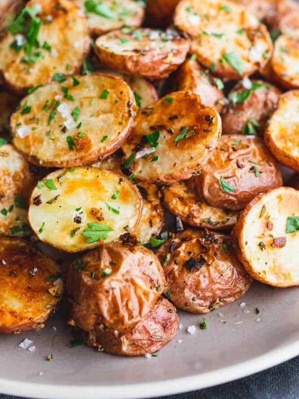 Roasted Baby Potatoes served on a gray plate.