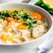 Turkey and Rice Soup served in a white bowl