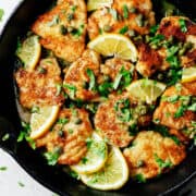 Chicken Piccata in a cast iron skillet.