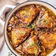Coq au Vin photographed from overhead.