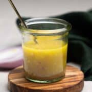 White Balsamic Vinaigrette served in a small glass jar.