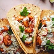 Blackened Shrimp Tacos photographed from the top.