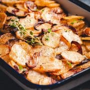 Roasted Potatoes and Onions photographed at an angle.