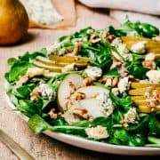 Pear and Gorgonzola Salad photographed close up at an angle.