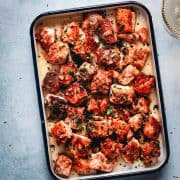 Crispy Salmon Bites served in a rectangular and photographed from the top.