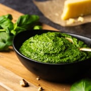 Spinach Pesto photographed at an angle.