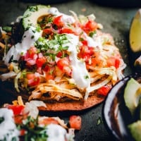 Close up photograph of chicken tostada.