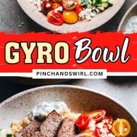 A bowl filled with gyro meat, sliced tomatoes, red onion, cucumber, feta cheese, olives, and a dollop of tzatziki sauce over couscous. The words "Gyro Bowl" and "pinchandswirl.com" are displayed on a colorful background.
