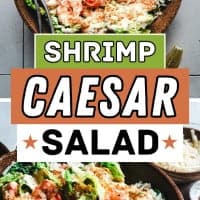 A wooden bowl filled with shrimp Caesar salad featuring lettuce, shrimp, croutons, and Parmesan cheese. A fork rests in the bowl. Text on the image reads "Shrimp Caesar Salad" with the website name "pinchandswirl.com" at the bottom.
