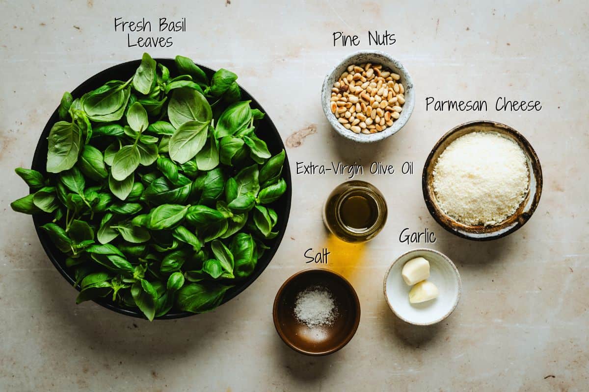 Fresh basil pesto ingredients - a bowl of fresh basil leaves, a small bowl of pine nuts, grated Parmesan cheese, a dish of extra-virgin olive oil, garlic cloves, and a bowl of salt are arranged on a light surface, each labeled.