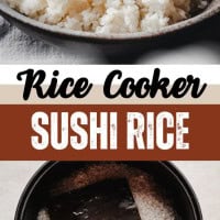 A bowl of cooked sushi rice with a spoon, and a rice cooker filled with uncooked rice, water, and a sheet of kombu seaweed; text reads "Rice Cooker Sushi Rice.
