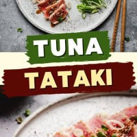 Sliced seared tuna tataki arranged on a plate, garnished with green onions and sesame seeds, served with soy sauce on the side and chopsticks. Text reads "Tuna Tataki" and website "pinchandswirl.com" is visible.