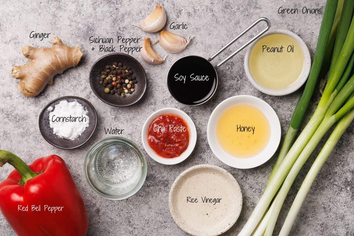 A flat lay of kung pao sauce ingredients on a gray surface, including ginger, garlic, green onions, red bell pepper, soy sauce, peanut oil, honey, chili paste, rice vinegar, cornstarch, water, and peppercorns.