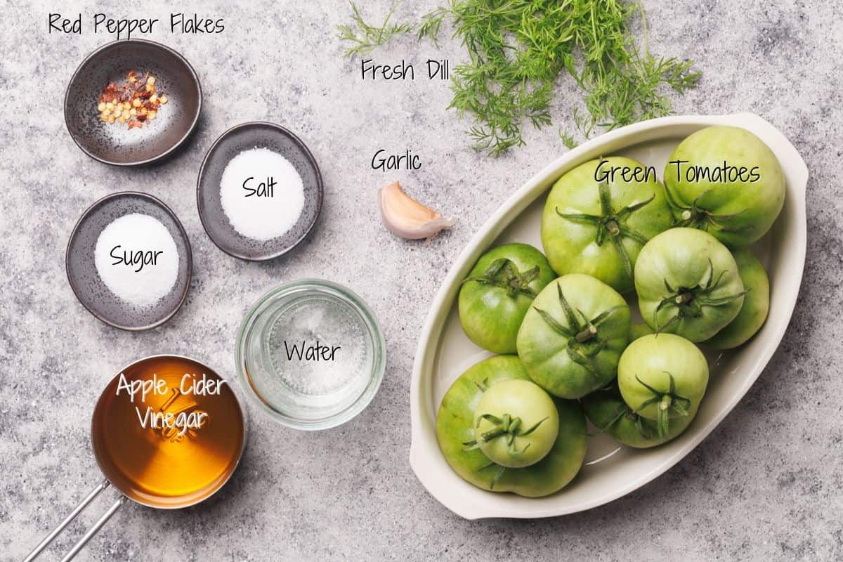 Ingredients for pickled green tomatoes are arranged on a gray surface: green tomatoes in an oval dish, a clove of garlic, fresh dill, red pepper flakes, salt, sugar, water, and apple cider vinegar in small bowls.