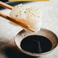 Collage showing scallop nigiri: chopsticks holding nigiri over soy sauce, hands shaping rice, and a plate with three pieces of scallop nigiri, pickled ginger, and wasabi. Text reads โScallop Nigiriโ and โpinchandswirl.com.โ.