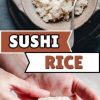 A bowl of cooked sushi rice with a spoon sits on a cloth, and below, hands shape sushi rice. Text reads "Sushi Rice" and "pinchandswirl.com.