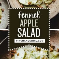 A bowl of fennel apple salad with thinly sliced green apples, shaved fennel, chopped walnuts, and fresh dill, arranged on a brown plate. Text overlay reads: โfennel apple salad, pinchandswirl.com.โ.