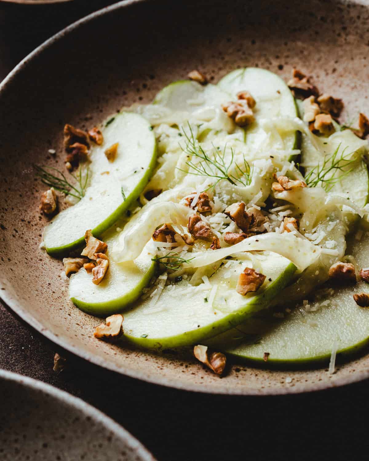 A rustic brown plate with thinly sliced green apples, shaved fennel, grated cheese, chopped walnuts arranged artfully as a fresh salad.