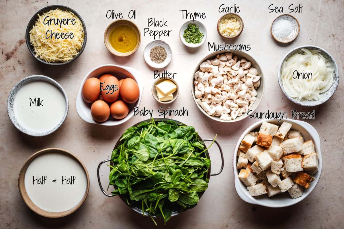 A top-down view of ingredients for a savory bread pudding recipe, including Gruyere cheese, olive oil, black pepper, thyme, garlic, sea salt, mushrooms, onion, milk, eggs, butter, baby spinach, half & half, and cubed sourdough bread.