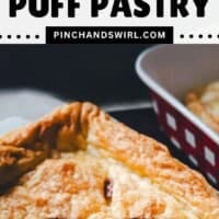 A golden-brown turkey pot pie with a flaky puff pastry crust is served in a rectangular dish, with a portion being scooped out. The text above the image reads: "Turkey Pot Pie with Puff Pastry.
