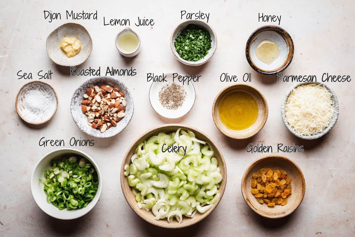 A variety of labeled salad ingredients in small bowls on a light surface, including celery, green onions, roasted almonds, golden raisins, Dijon mustard, lemon juice, parsley, honey, sea salt, black pepper, olive oil, and parmesan cheese.