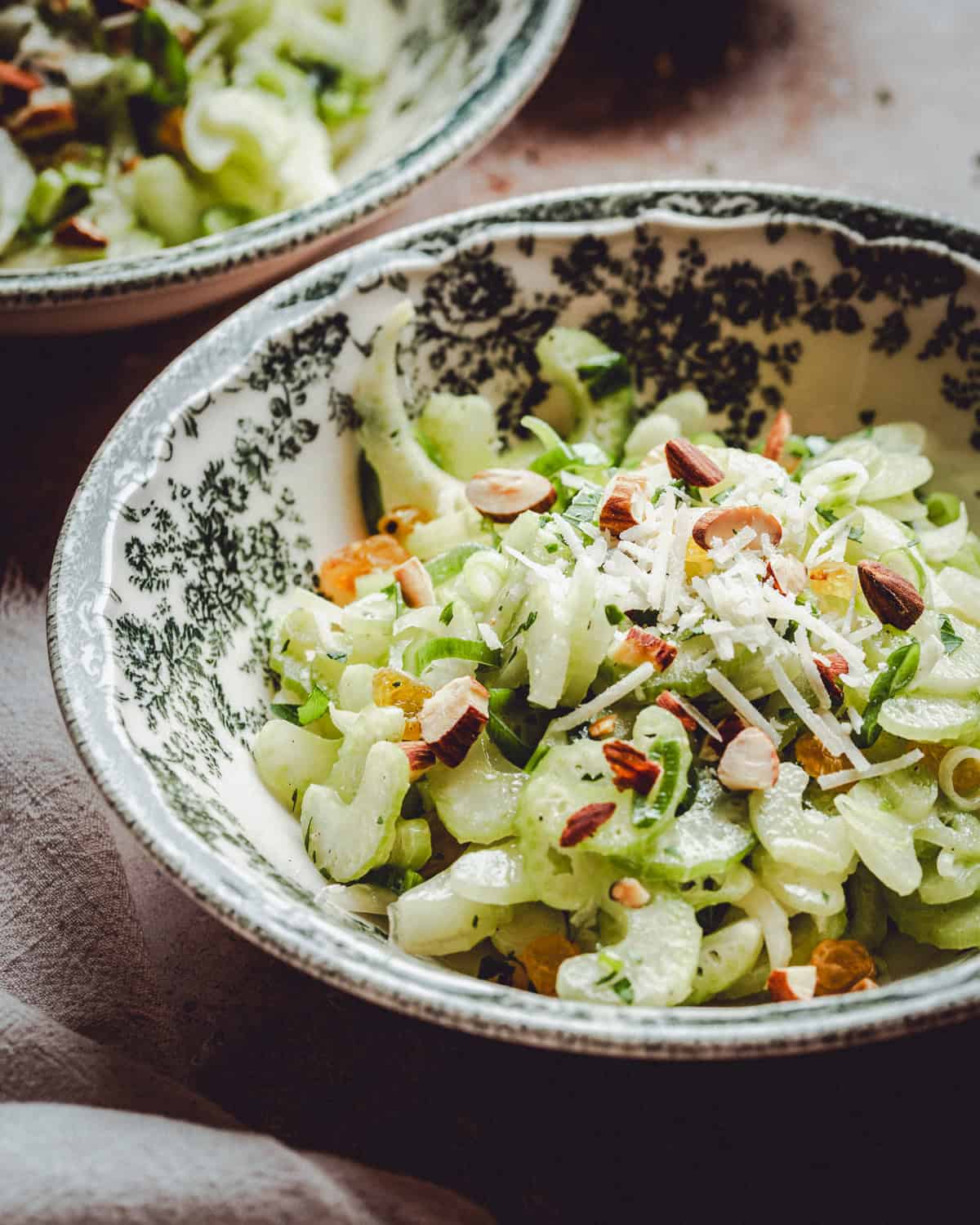 A close-up of a salad in a patterned bowl, featuring sliced celery, shaved parmesan, chopped nuts, golden raisins, and green herbs. Another similar bowl is partially visible in the background.