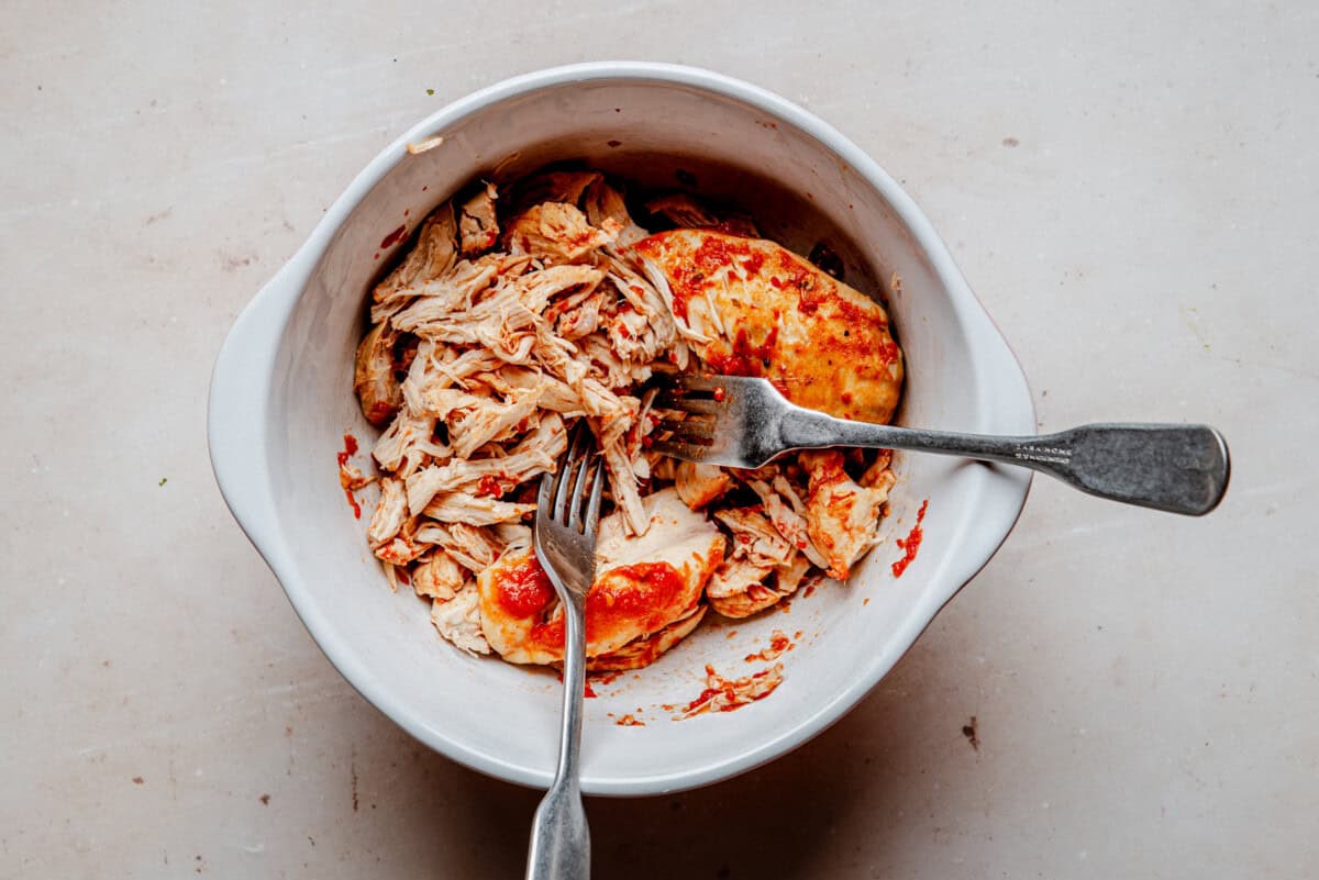 A white bowl with cooked, shredded chicken tinga and two forks, one shredding the chicken, with a bit of red sauce on the chicken and bowl.